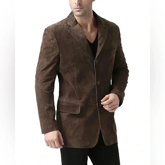 Vintage BGSD 3 Button Genuine Leather Blazer Suede Sport Coat Jacket Brown Small - Picture 1 of 16
